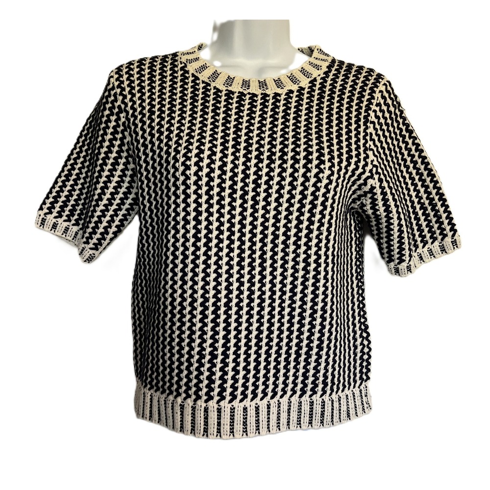 Massimo Dutti Black & Cream Geometric Knit Short-Sleeve Sweater Women's M Chic